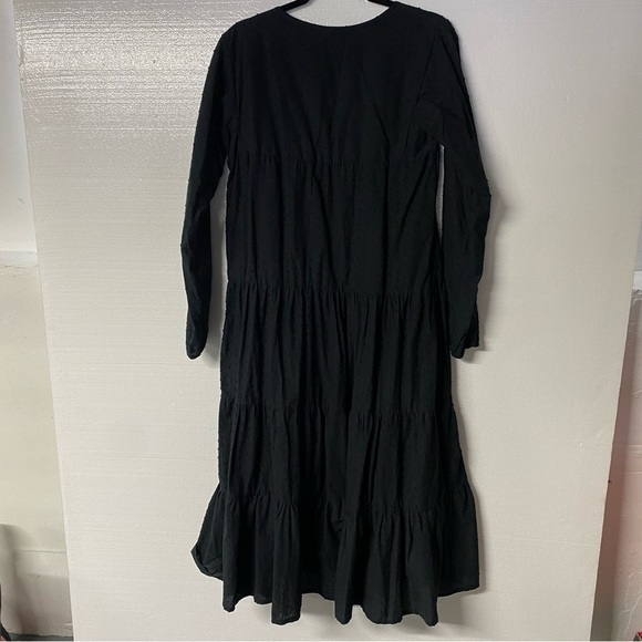 NATALIE MARTIN BLACK Small COTTON LONG SLEEVE TIERED MAXI DRESS Tassel V Neck - Picture 7 of 11
